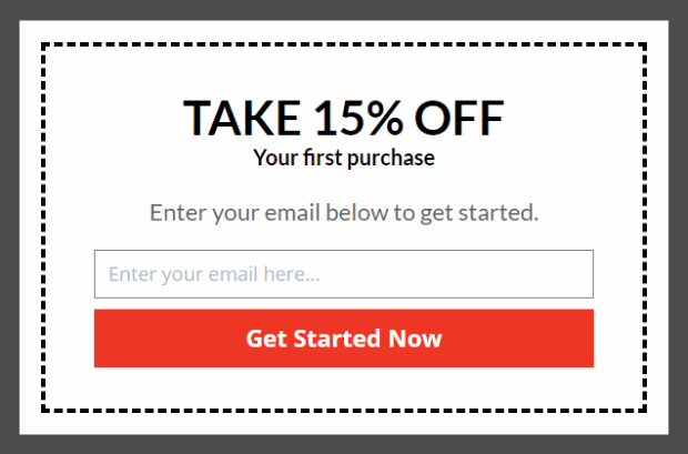 Website email pop up that offers 15% off purchase