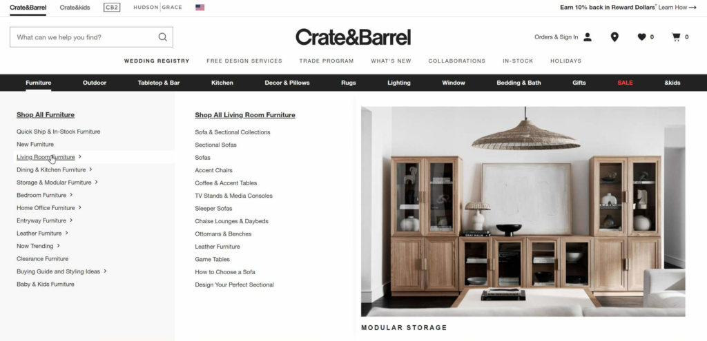 Crate & Barrel categories under navigation that show furniture collections available