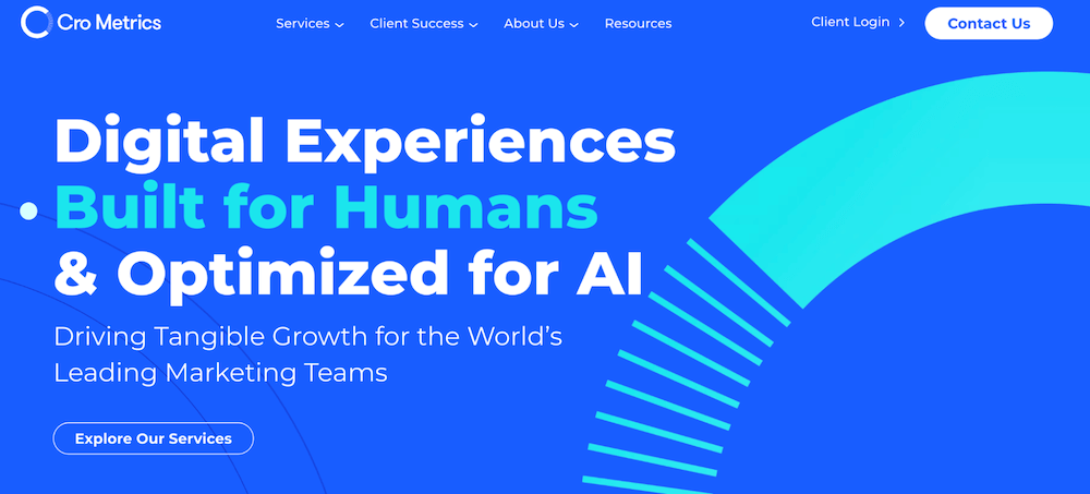 An example of the website for CRO Metrics, featured in The Best CRO Agencies for Growing SaaS Companies and DTC Brands.