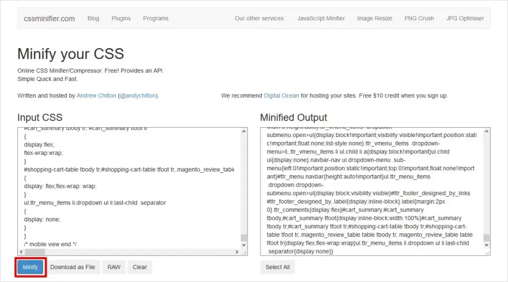 css minification for site speed