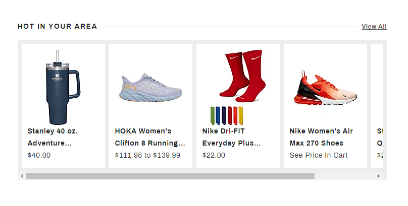 Dick's Sporting Goods showing suggested products based on what other people in the area are buying