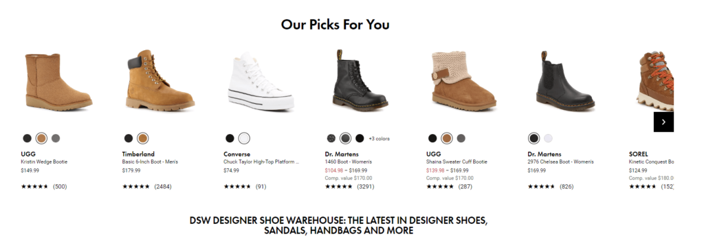 image of DSW's "Our Picks for You" section showcasing shoes related to customer's data