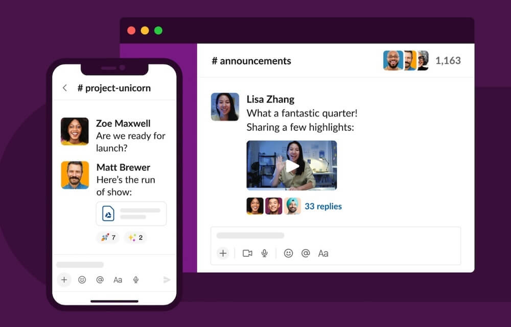 Slack as an example of replica surfaces, showing complete feature parity across devices