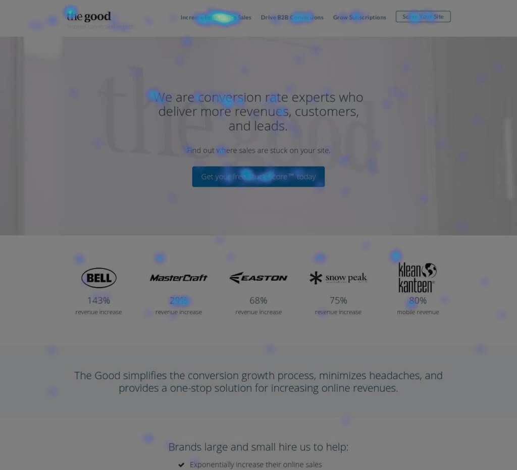 Click tracking heatmap showing 1,000 user sessions on a home page