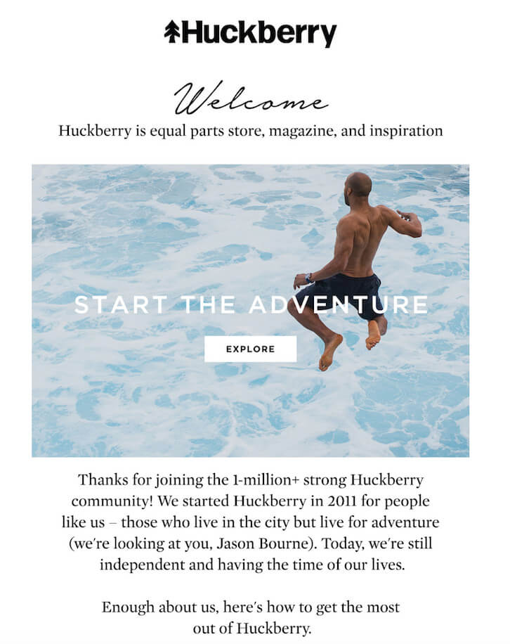 Huckleberry welcome email with start the adventure text