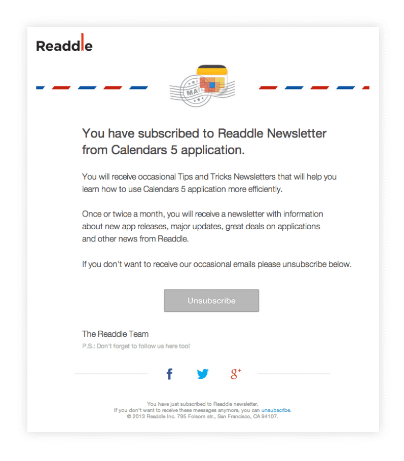 Readdle mailing list subscription confirmation email