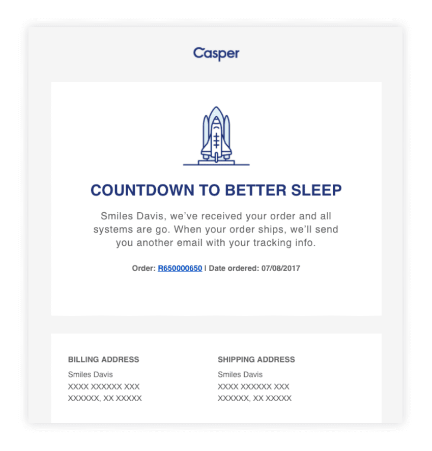 Casper detailed purchase confirmation email