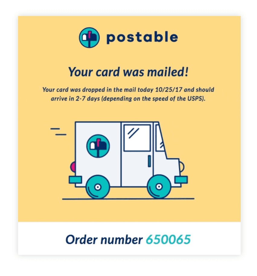 Postable shipping confirmation email with order number