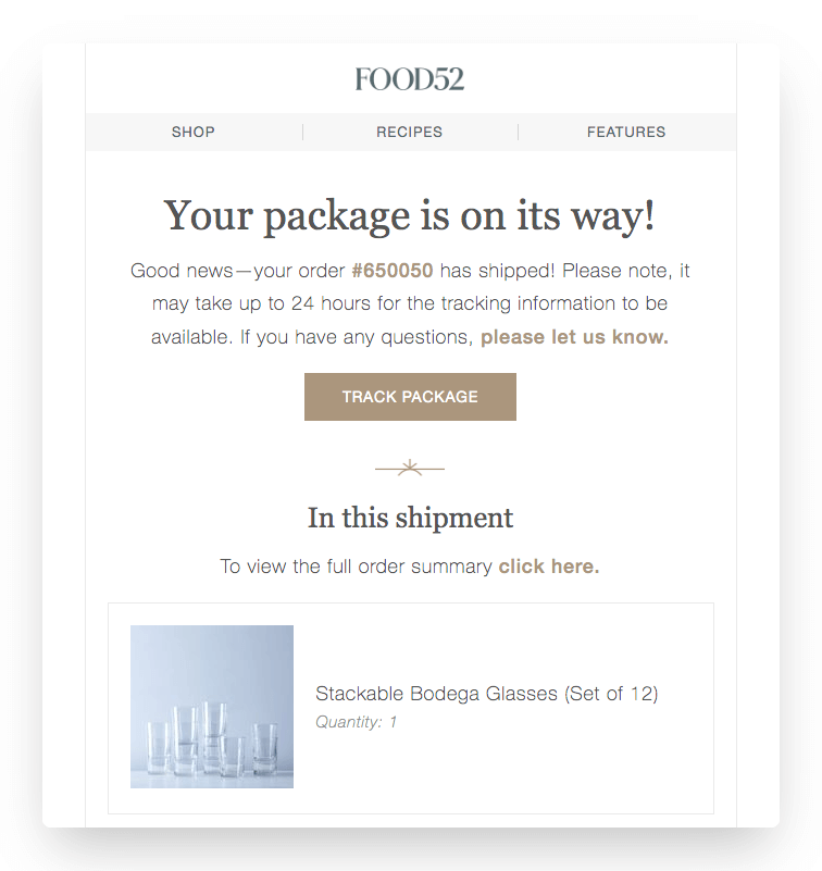 Food52 shipping confirmation email including item details