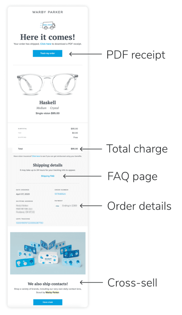 Warby Parker purchase confirmation email with cross sell