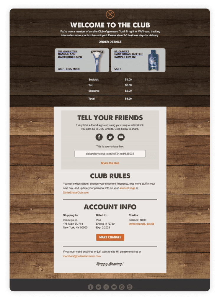 Dollar shave club email emphasizing referral program