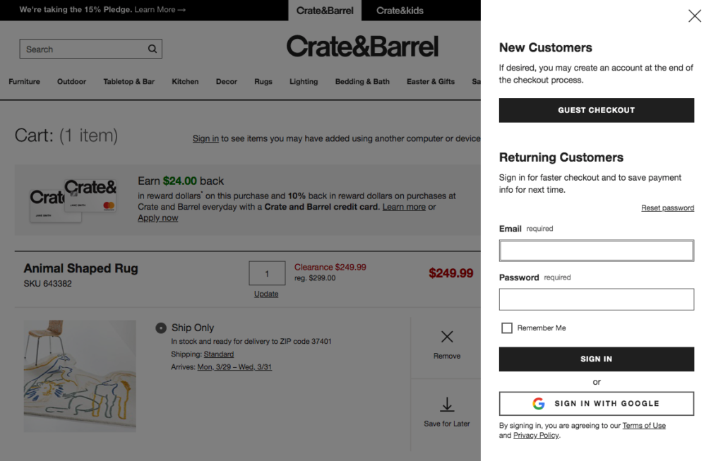 Crate&Barrel guest checkout option