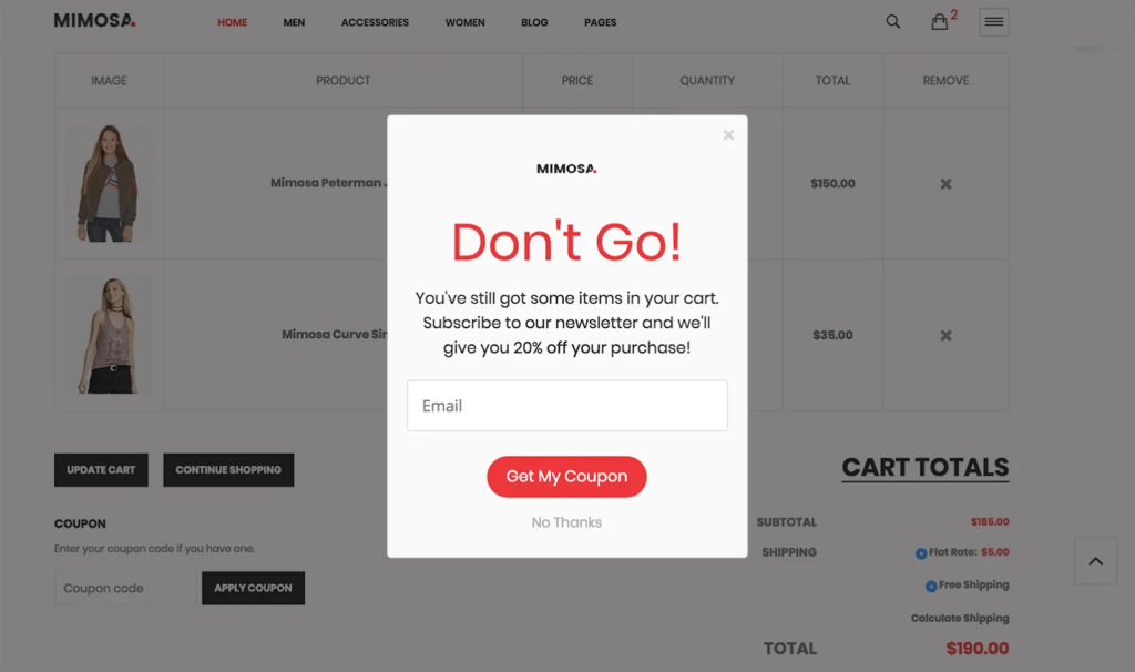Abandoned web page discount popup from Mimosa