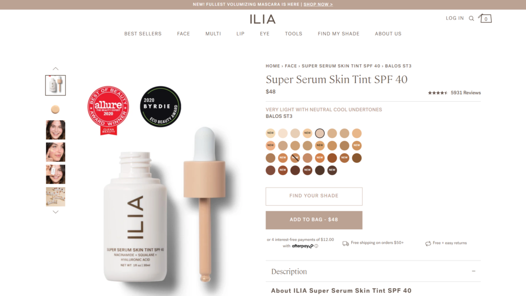 ilia skincare product landing page examples