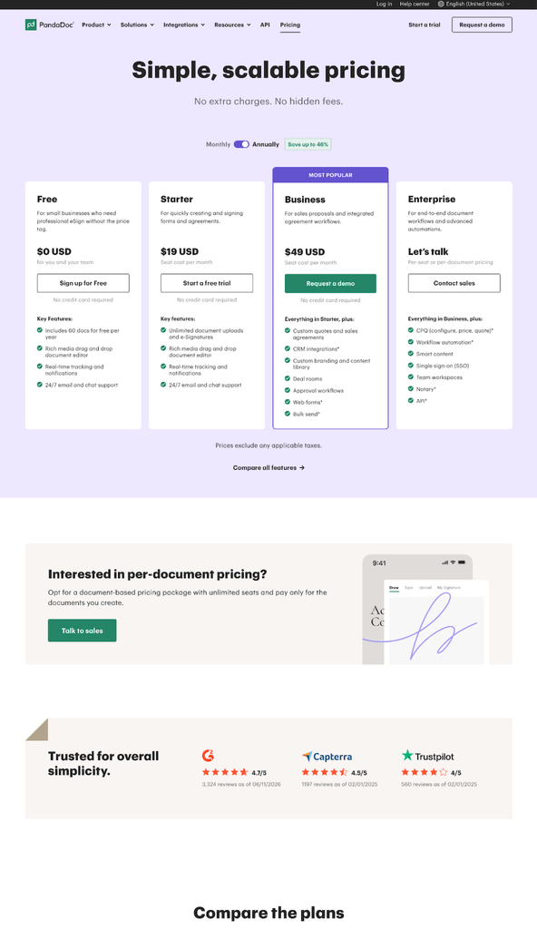 Example of a well-done SaaS free trial pricing page from PandaDoc.