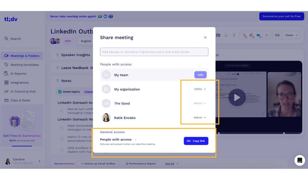 An image of the permission and role management features in TLDV that provide account expansion opportunities.