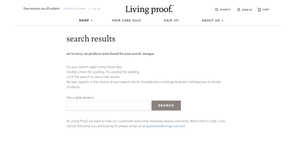 living proof zero results in site search