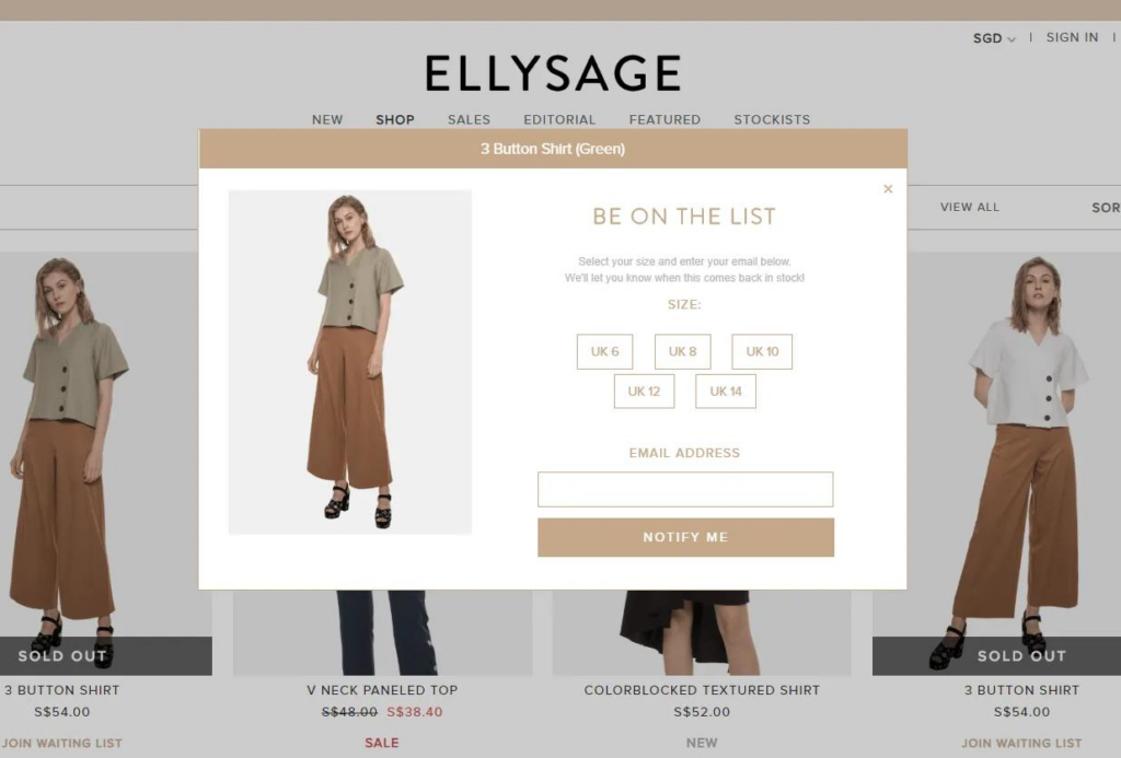 ellysage out-of-stock notifcation