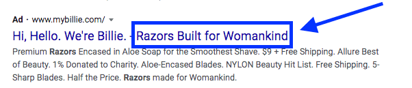 Billie razors screenshot of the search results