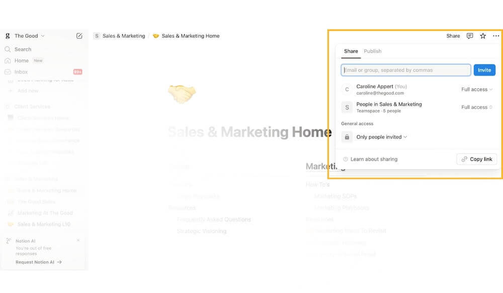 Image of Notion's sharing and access feature is an example of an account expansion tactic.