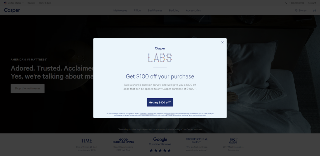 casper survey discount as an example of how to increase website conversions