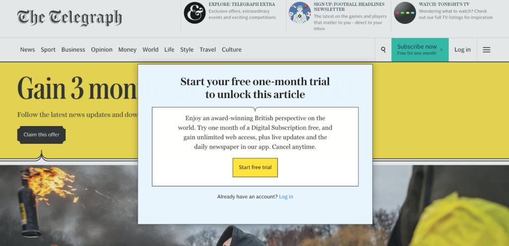 The Telegraph free trial unlock prompt