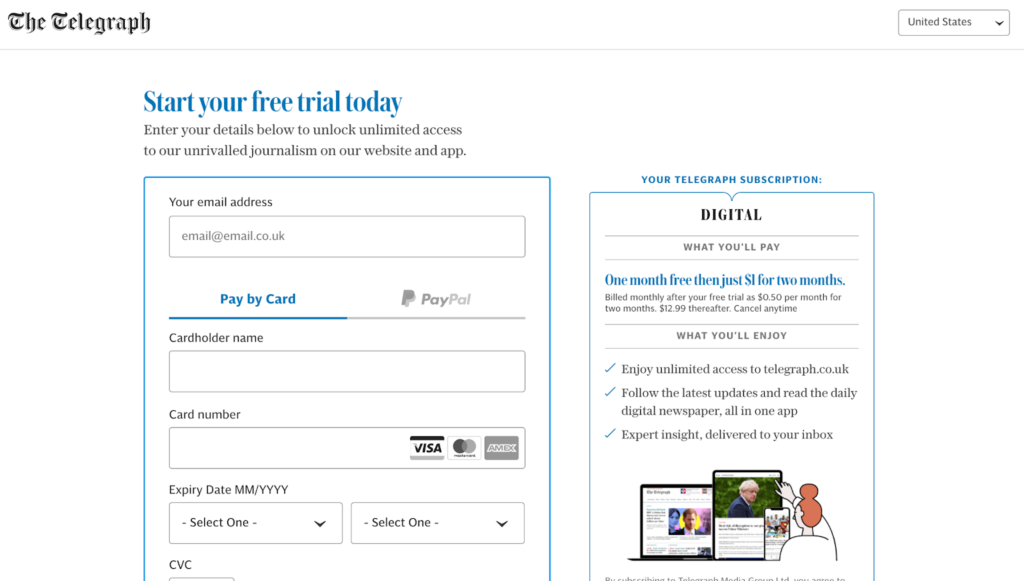 The Telegraph free trial payment box screenshot