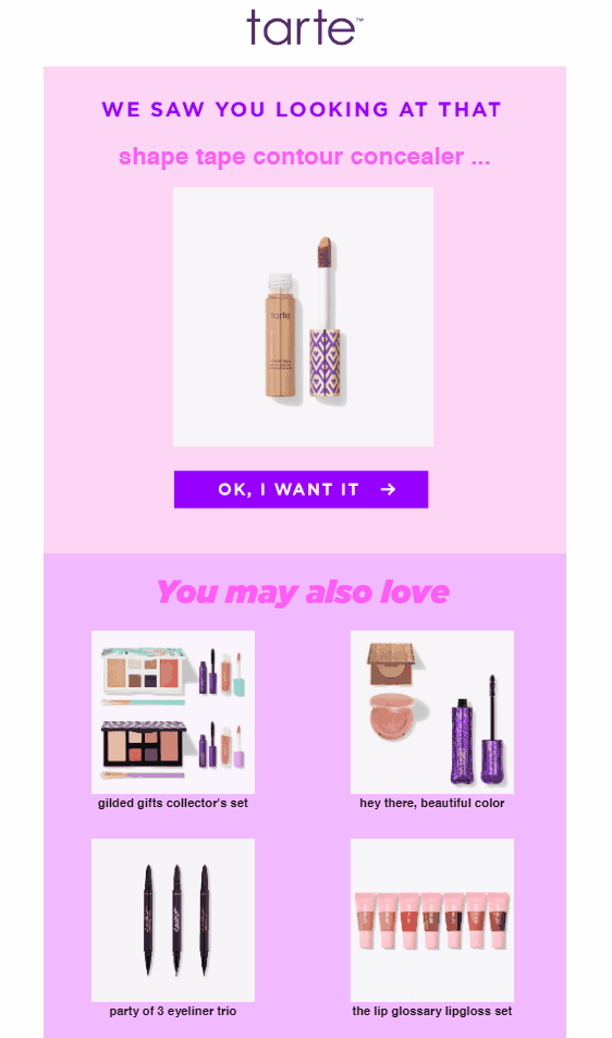 tarte cosmetics email recommends a recently viewed product