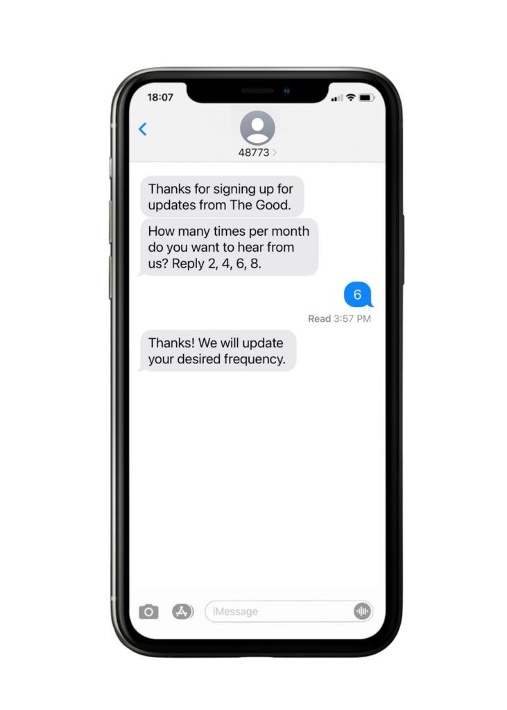 Frequency in sms marketing is crucial, here a phone text message conversation covers the frequency updates
