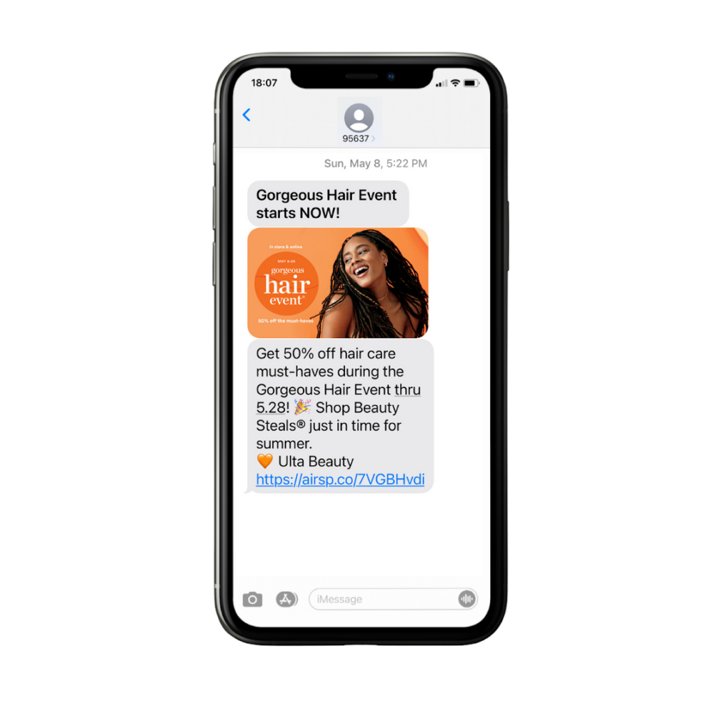 hair event text message marketing from ulta beauty