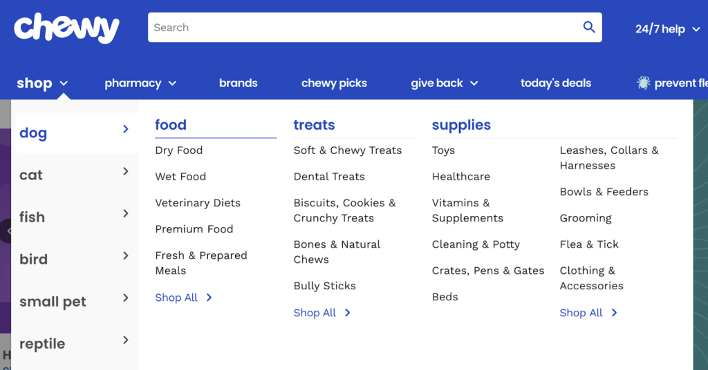 Chewy product category page navigation