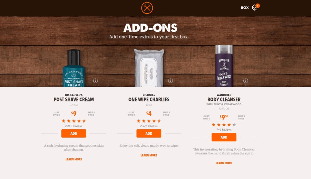 dollar shave club home page screenshot, the brand uses post purchase offers to offer better cx