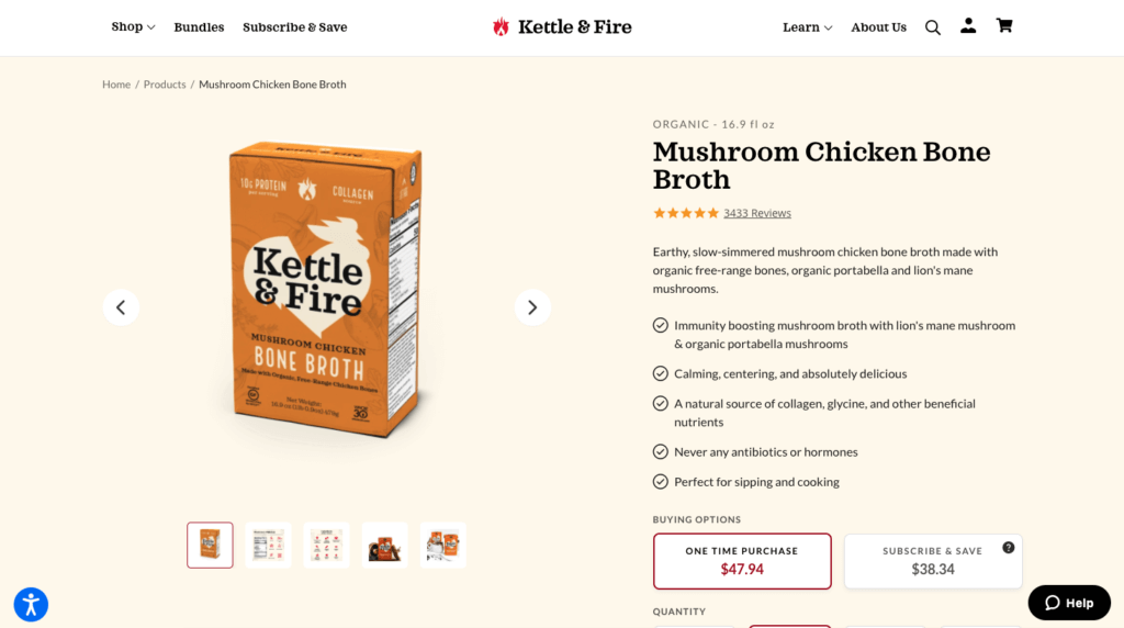 kettle & fire mushroom chicken broth landing page screenshot