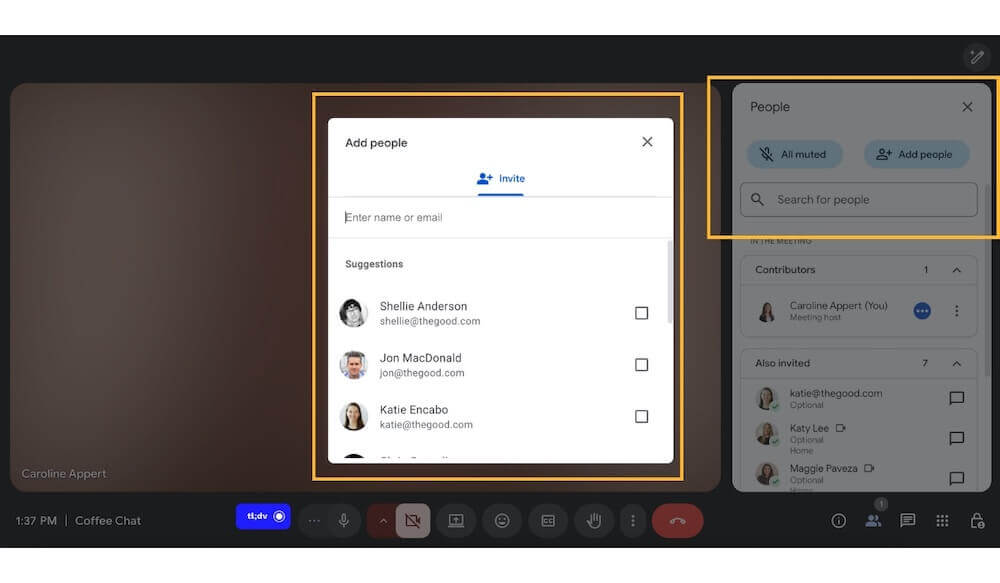 An image showing Google Meet's invite new attendees feature which is a way to drive account expansion.