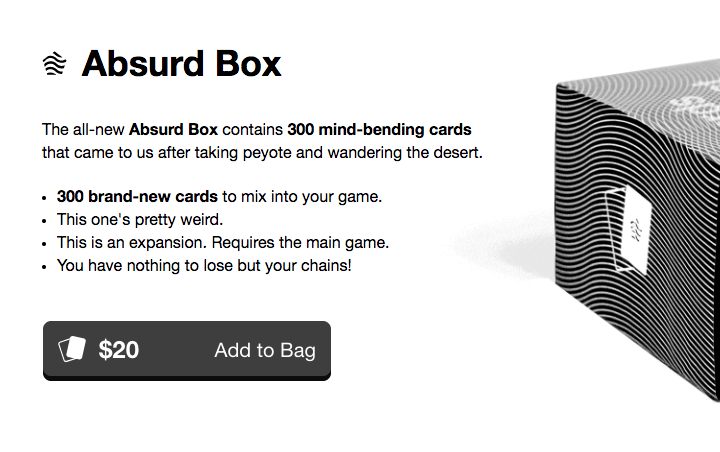 edgy and humorous product page by Cards against Humanity