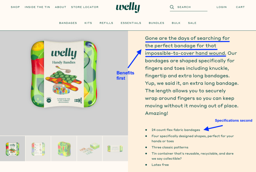 Welly includes benefits and specifications in product description