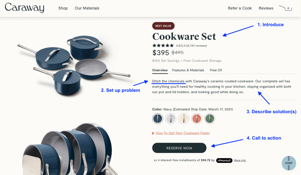 Caraway cookware uses a great structure on product description pages