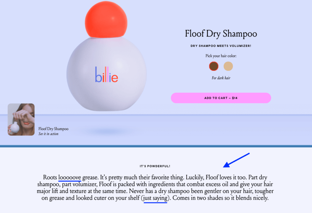 Billie sprinkles in slang and everyday language to keep a casual tone in product descriptions