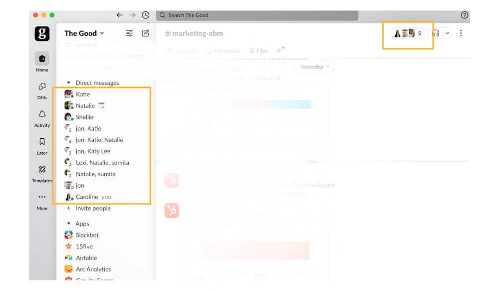 Image of Slack's social and activity features that aid account expansion.