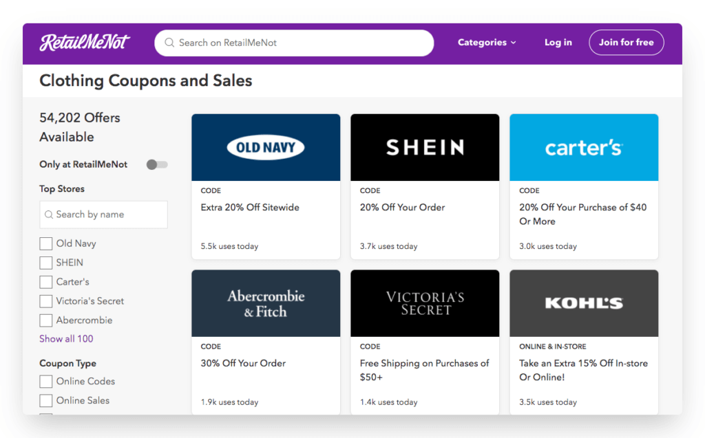 Retail me not aggregates coupons of different brands