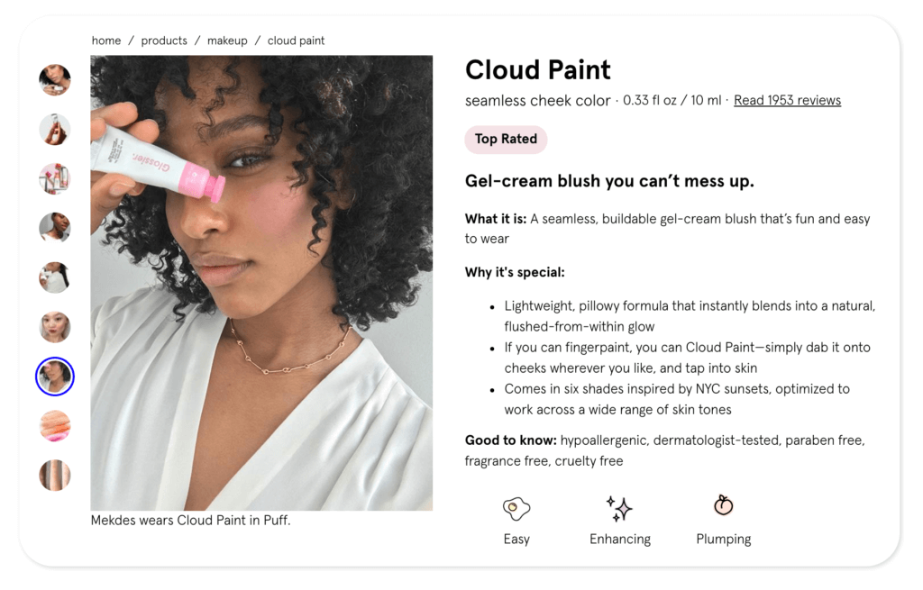 Glossier sources UGC from social media for their product images 