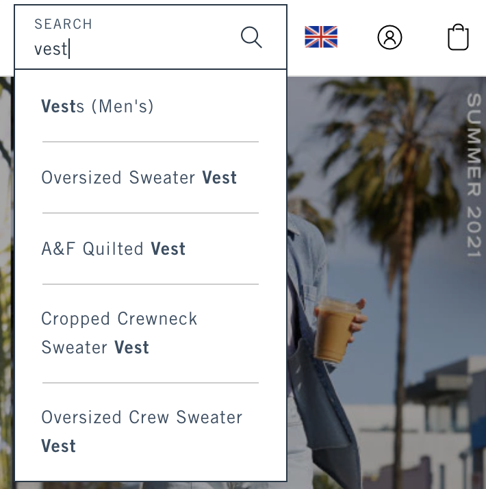 abercrombie ecommerce site search for vest showing multiple results