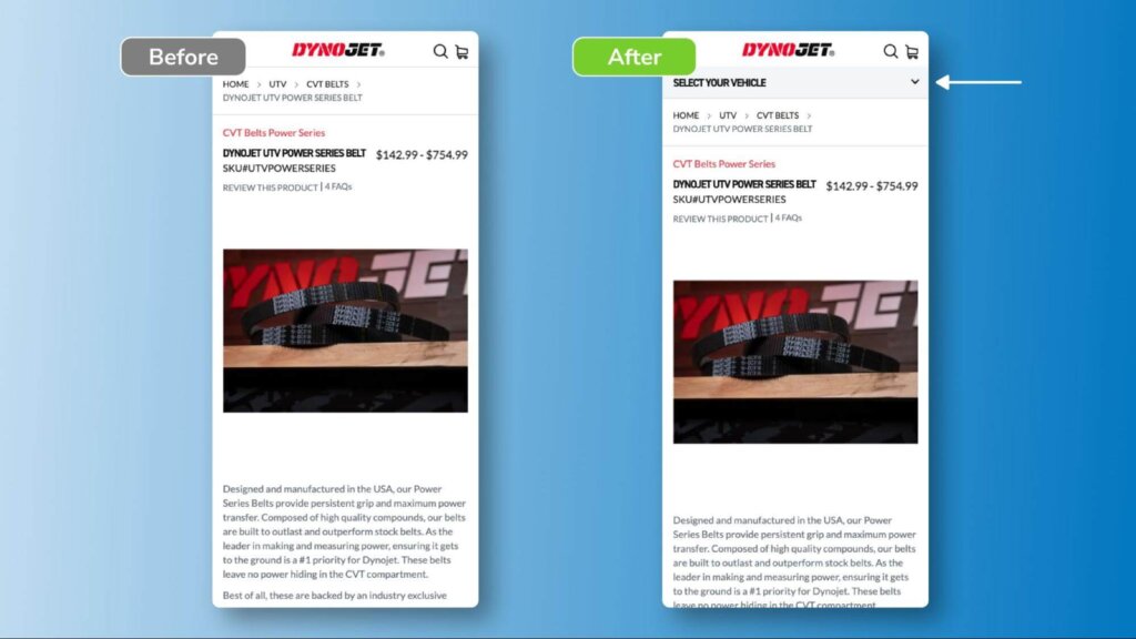 Before and after comparison Dynojet product page