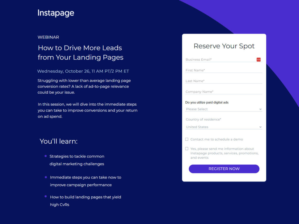 Instapage registration page