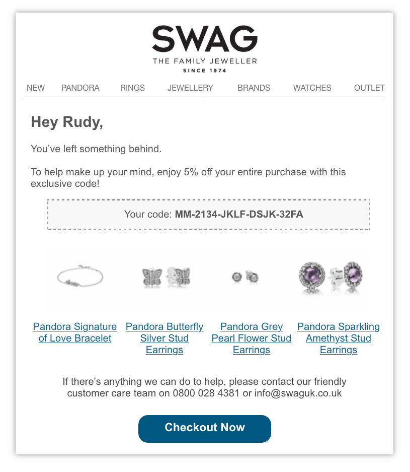 Sway jewelry uses an abandoned cart email to offer a sales promotion