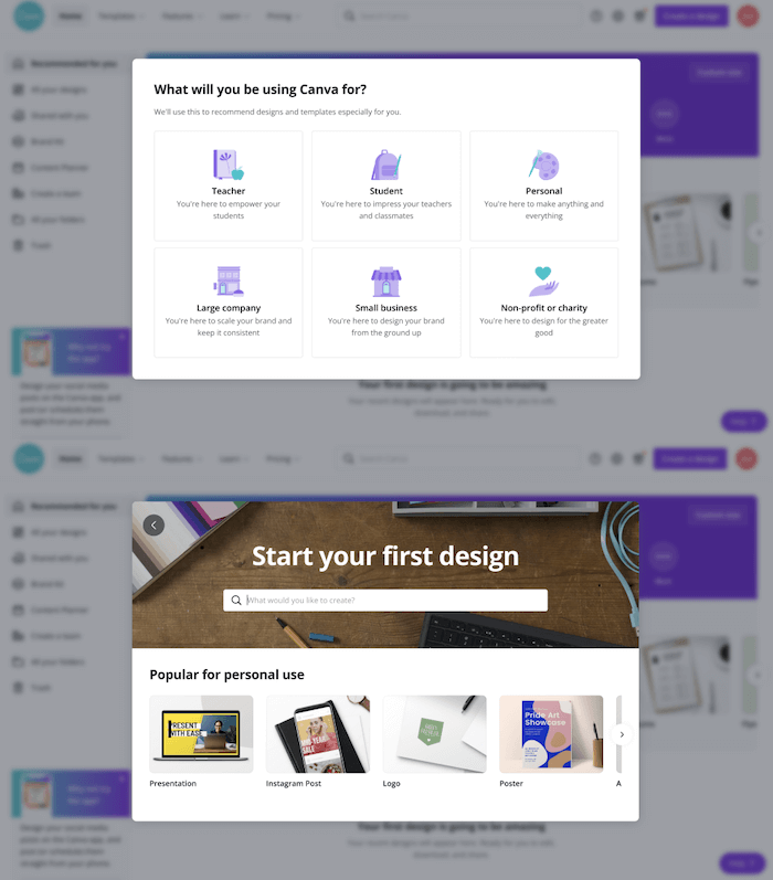 canva user onboarding and start a project