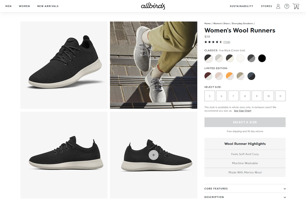 Allbirds product landing page examples