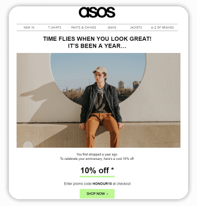 Asos anniversary email gives 10% off to recipients 