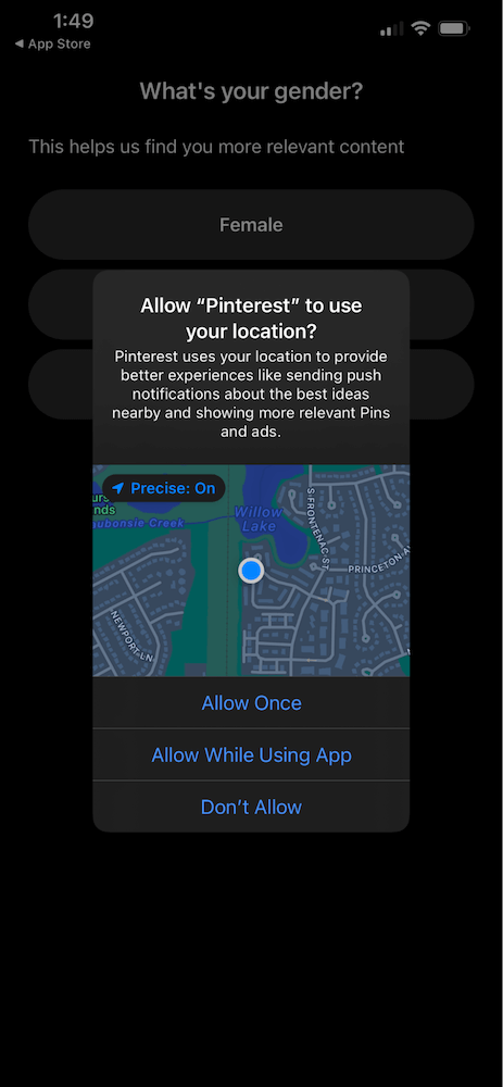 pinterest sign up user location request