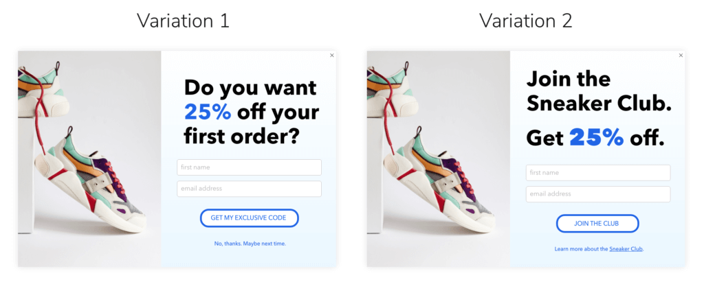 A/B test example from sneaker club avoids dark patterns